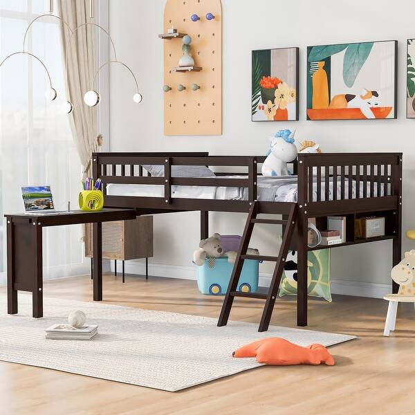 slide 2 of 9, Full Size Solid Pine Wood Frame Loft Bed With Removable Desk and Cabinet Espresso