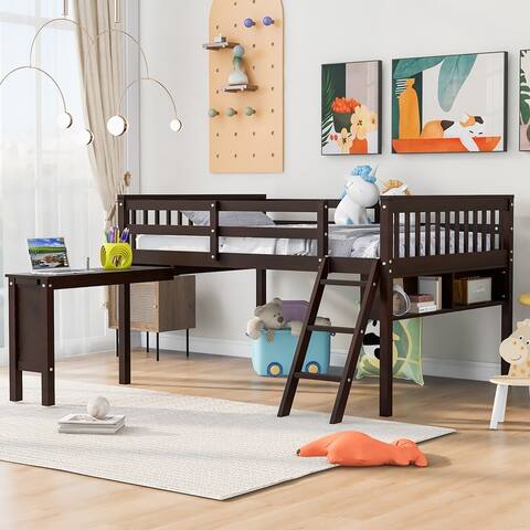 Low Study Full Size Wood Loft Bed with Removable Desk and Cabinet
