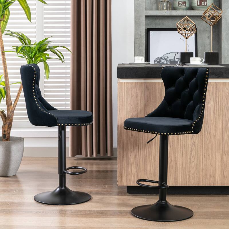 A&A Furniture Set of 2 Swivel Velvet Bar Stools, Adjustable Height 25-33 Inch with Tufted Back for Kitchen Island & Pub - Black