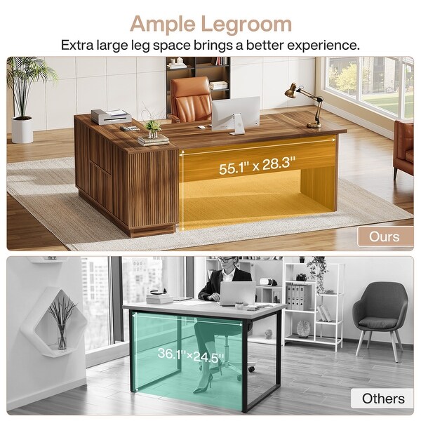 70.87-Inch L-Shaped Executive Desk with File Cabinet and Shelves