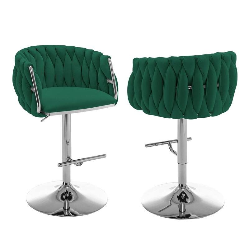 Best Quality Furniture Adjustable Velvet Upholstered Barstool w/ Chrome Finish Base (Set of 2) - Emerald Green / Silver
