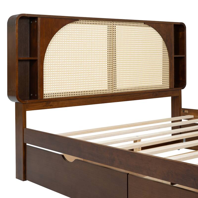 Queen Platform Bed with Rattan Headboard, 2 Storage Drawers and Pull-Out Trundle, with Built-In Compartments