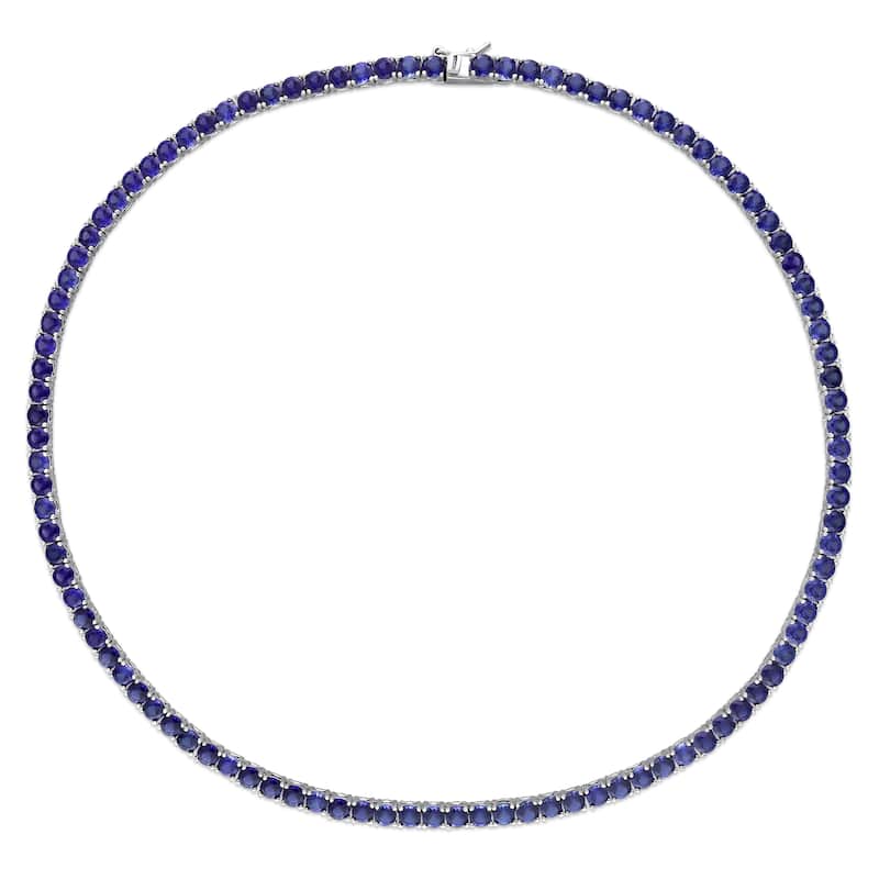 Miadora 33 CT TGW Created Blue Sapphire Tennis Necklace Sterling Silver