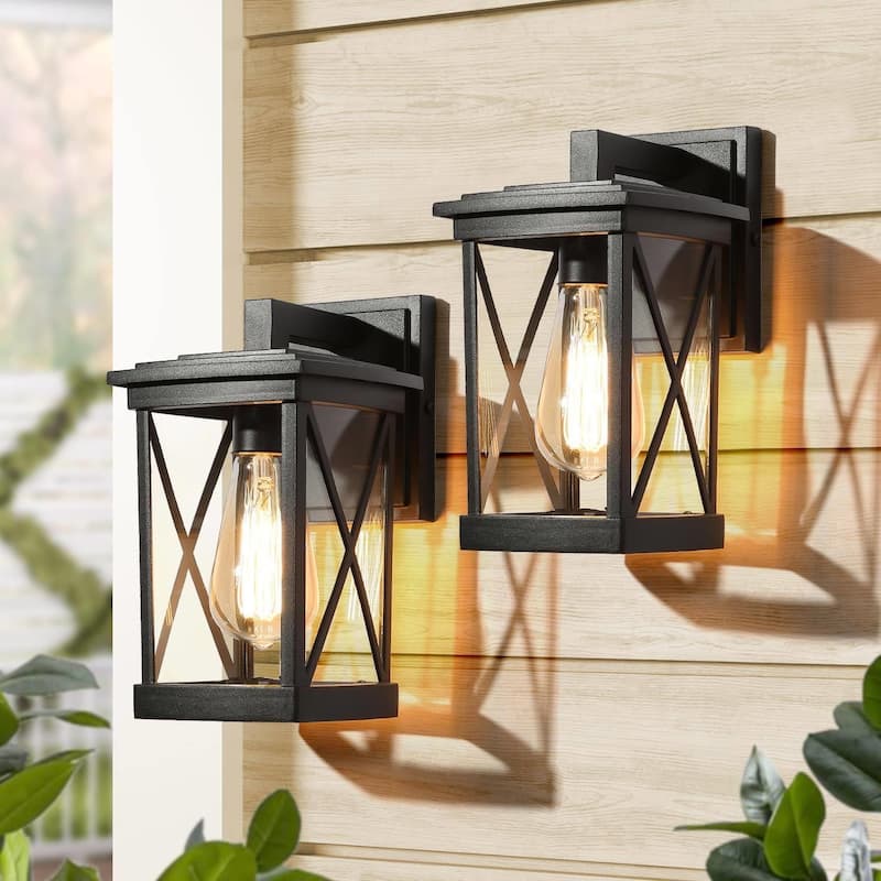 Set of 2 Modern Farmhouse Black Outdoor Wall Wall Sconces Glass Lantern Lamps - L6'' x W7'' x H11''