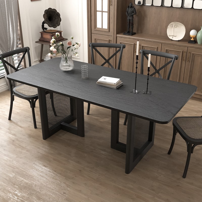 Farmhouse Kitchen Dining Room Table Furniture Square Kitchen Table with Rattan Woven Legs for Kitchen Bar Living Room - 67"x33.5" - Black