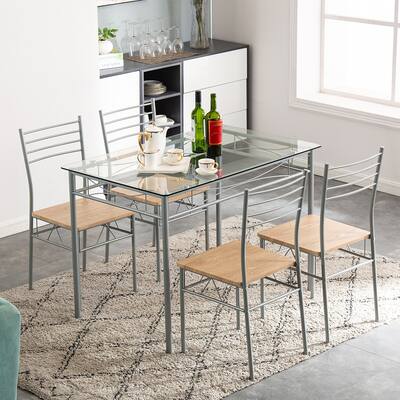 Iron Glass Dining Table and Chairs Silver One Table and Four Chairs MDF Cushion,110 x 70 x 76cm
