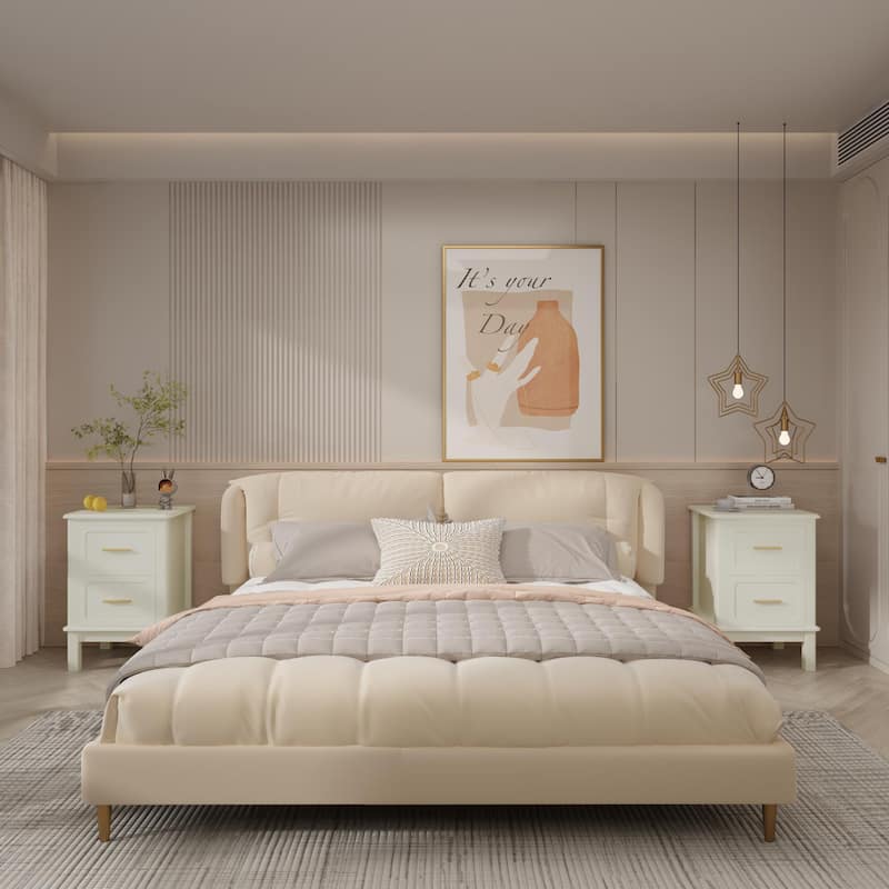 Modern Nightstand with 2 Drawers, Bedroom Bedside Table with Gold Handles, Sturdy Wood Accent Table