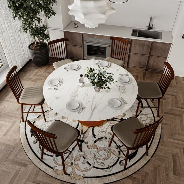 Min-Century Round Sintered Stone Top Solid Wood Base Dining Table - On ...