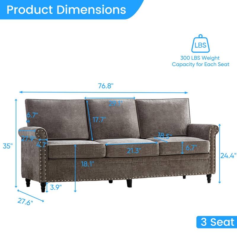 Mixoy Chenille Living Room Sofa,Modern 3-Seater Sofa Couch,Unique Riveted Look