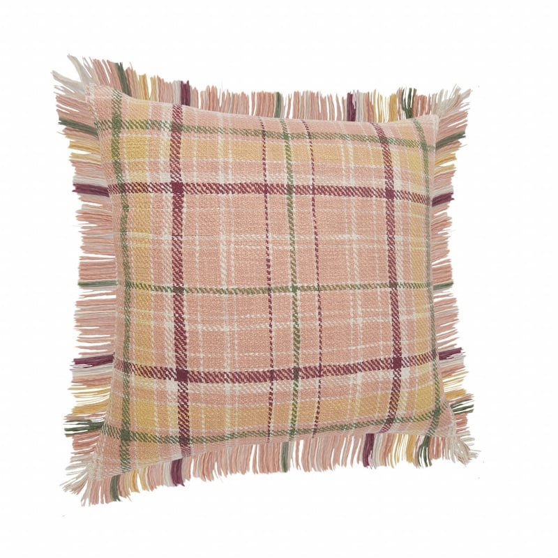 HomeRoots 20" X 20" Pink Berry Green And Yellow 100% Cotton Plaid Zippered Pillow