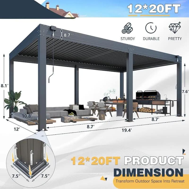 EROMMY Outdoor Louvered Pergola Gazebo with Adjustable Aluminum Rainproof Roof and Pull-Down Screen