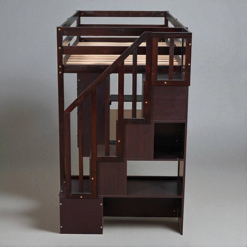 Twin Size Wooden Loft Bed with Drawers, Shelves, and Stairs for Kids Teens, No Box Spring Required
