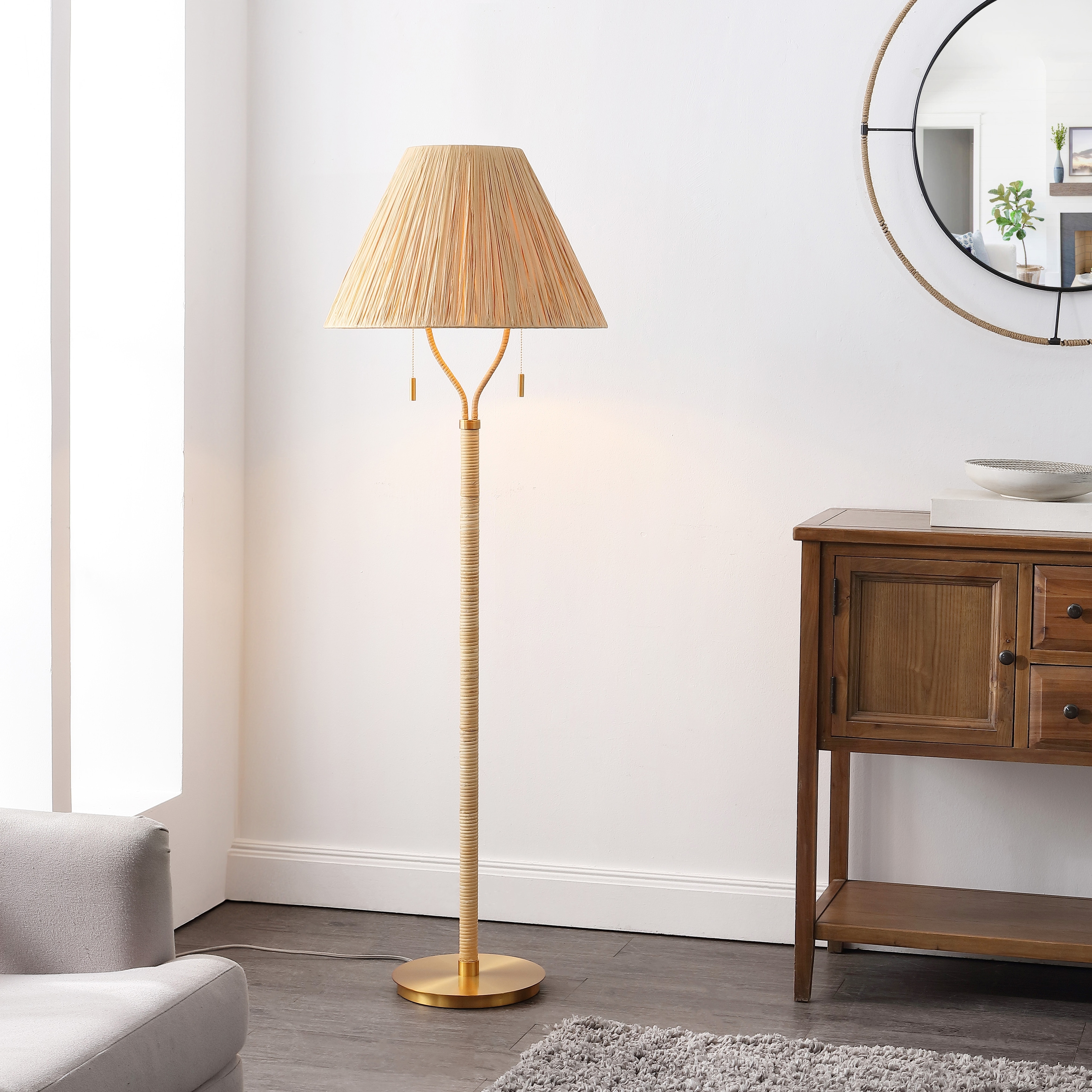 SAFAVIEH Lighting Nola, 60-inch, Natural/Gold, Paper Rope/Rattan/Metal Floor Lamp - 20