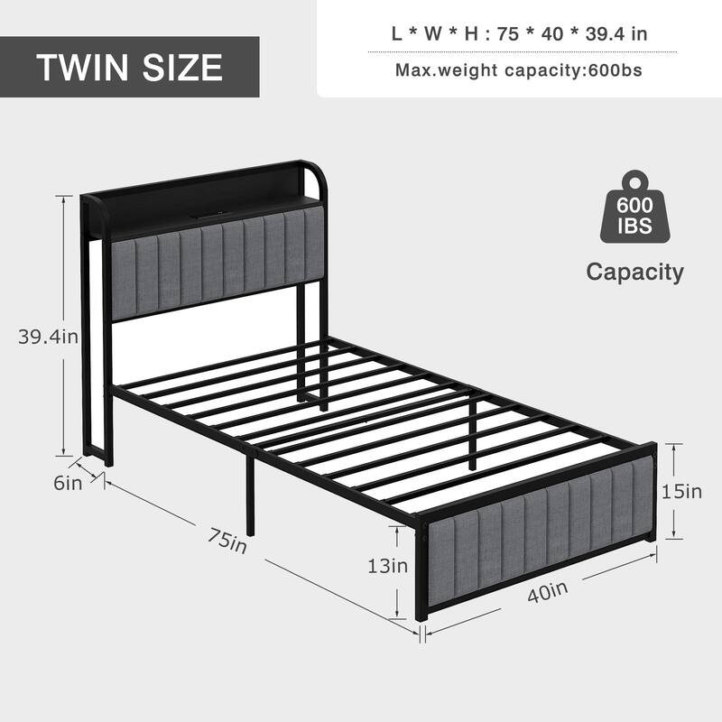 VECELO Upholstered Platform Bed Frame with Storage Headboard and Charging Station, Twin Full Queen Size