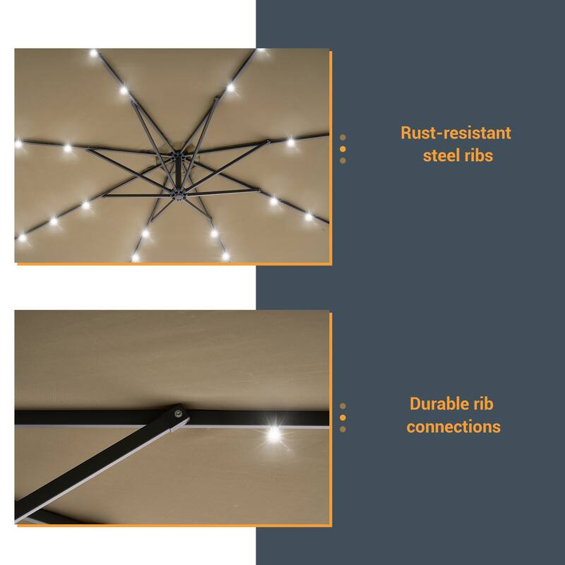 10Ft LED Patio Offset Umbrella Hanging Circle Umbrellas,w/Cross Base