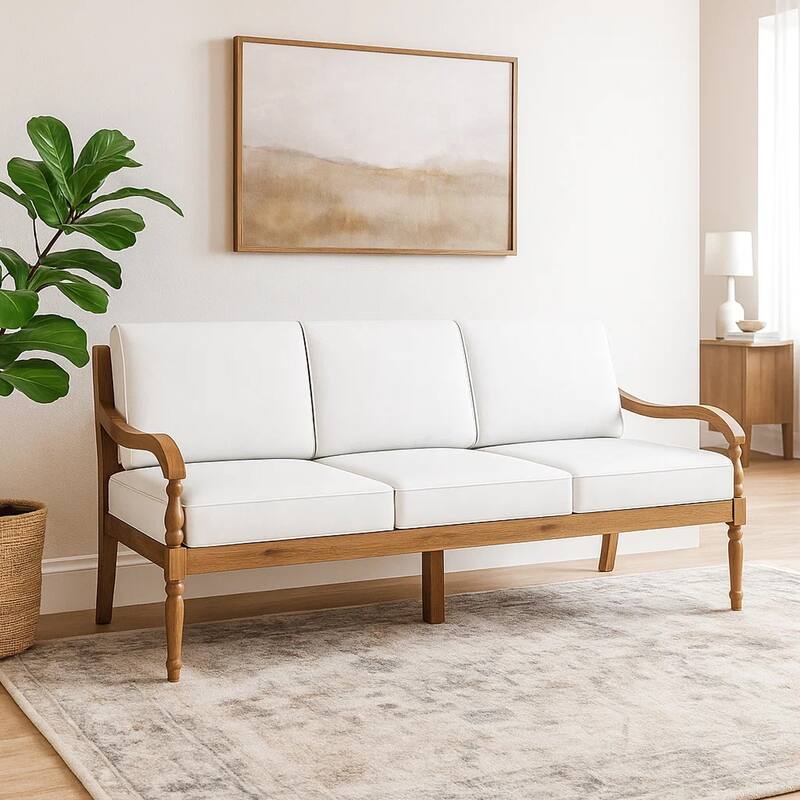 Pena Outdoor Sofa, White Linen Cushions, 76 Inch Brown Acacia Wood - White, Brown