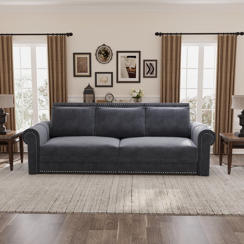 3-in-1 King Pull Out Sofa Bed Chesterfield Sofa, Velvet/Faux Leather Convertible Sleeper Sofa with Nailhead Trim & Rolled Arm