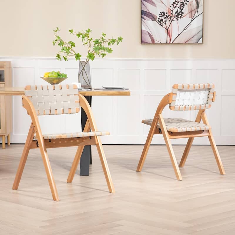 Wooden Stackable Dining Folding Chairs with Padded Seats(Set of 2) - Ivory-white With Leather Strap