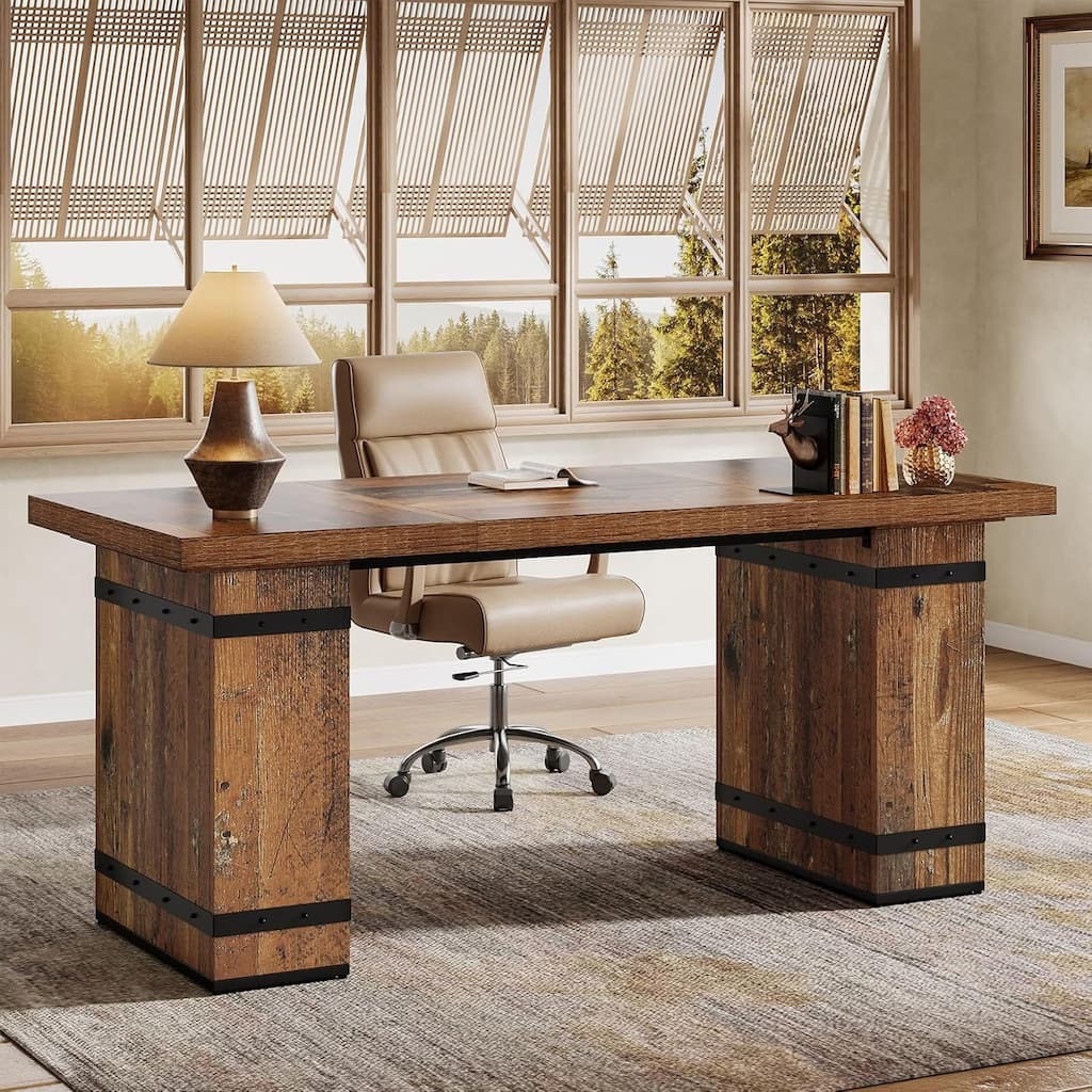 63-Inch Executive Desk with Heavy Duty Base, Large Business Workstation Table for Home Office, Mix-Brown