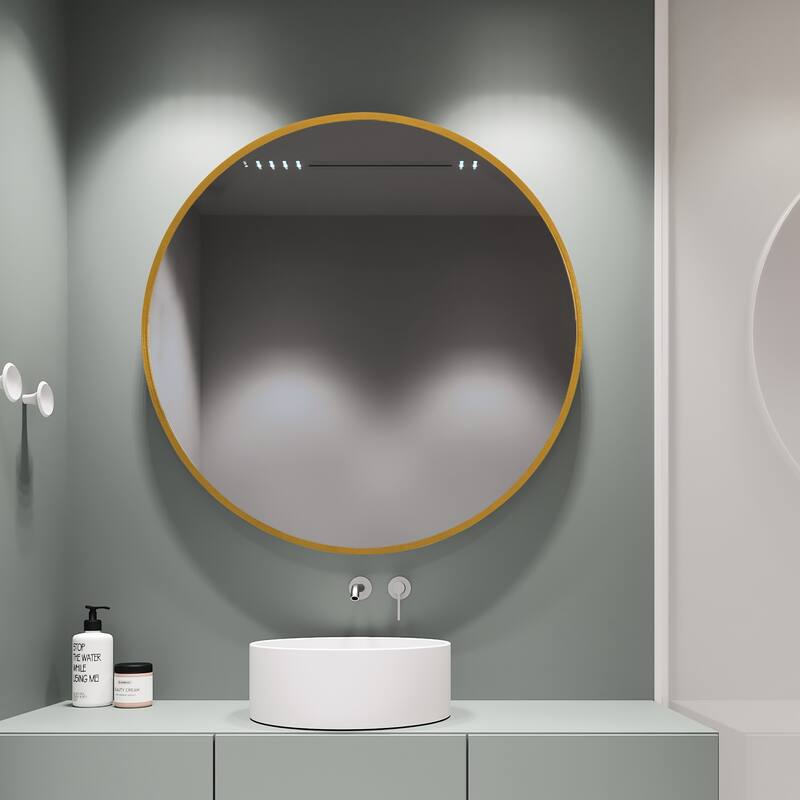 Wall Round Mirror 30'' Modern Brushed Metal Frame Wall-Mounted