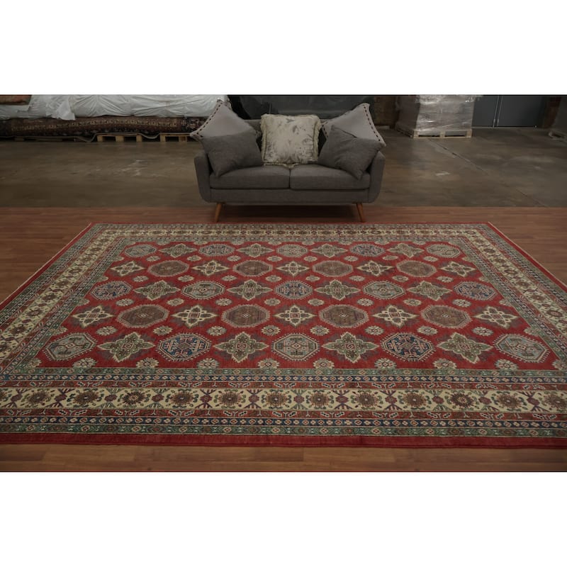 Hand Knotted Oriental 100% Wool Carpet Traditional Geometric Red Kazak Area Rug - 12' 0'' X 9' 0''