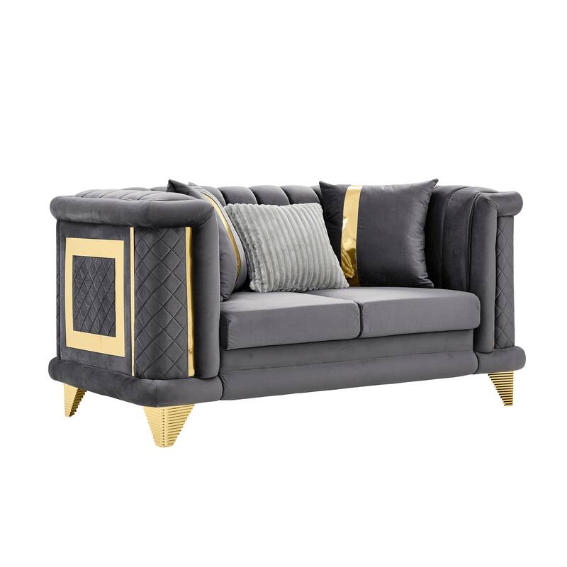 69 Inches Gray Velvet Loveseat with Gold Stainless Steel Trims and Embroidered Texture
