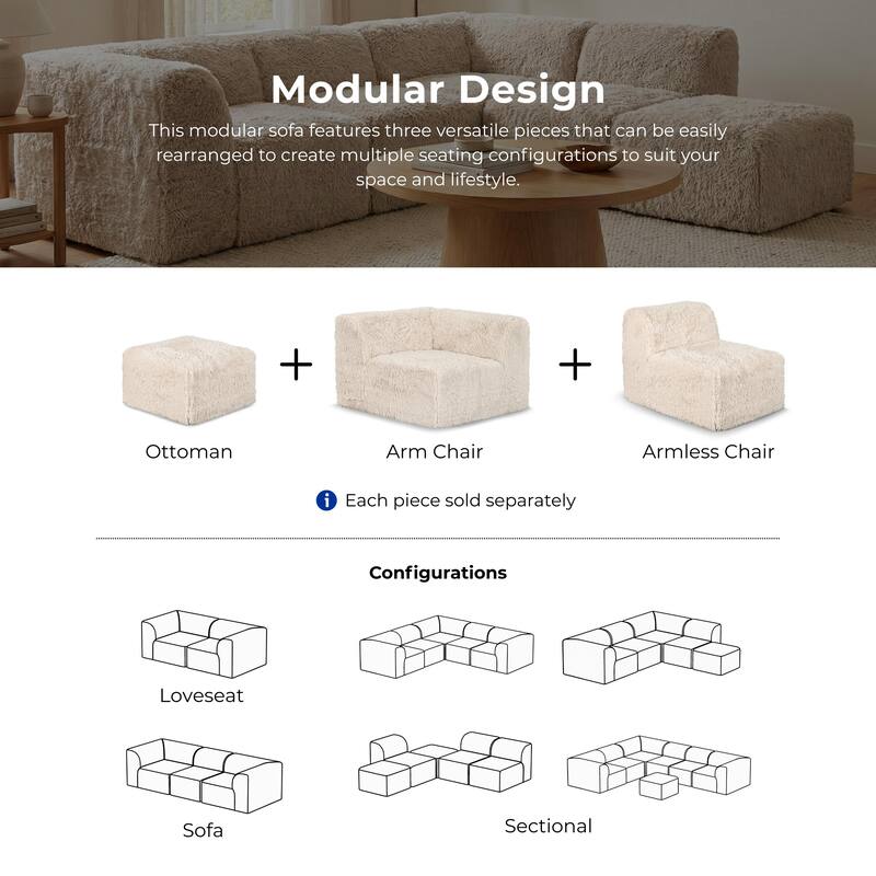 Furniture of America Ylena Modern 5-Piece Faux Fur Foam Modular Compressed Sectional Sofa with Ottoman