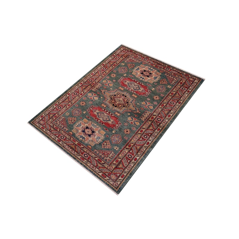 Southwestern Super Kazak Samara Green/Red Hand Knotted Wool Rug - 4'2'' x 5'11''