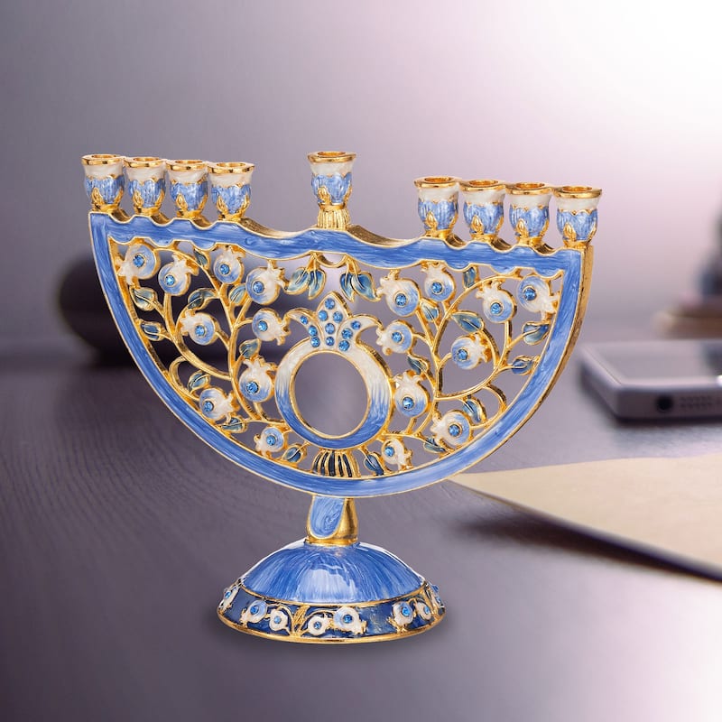 Hand Painted Blue Enamel Pomegranate Design Menorah Candelabra