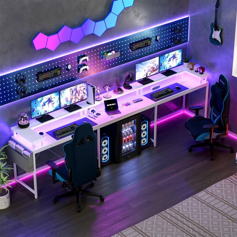 U Shaped Desk, 126 Inch Gaming Desk with Monitor Stand and LED Lights