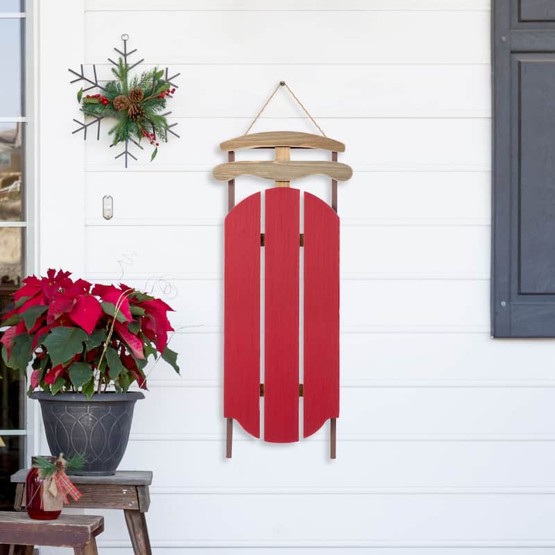 Glitzhome 34.25"H Wooden Natural Christmas Sleigh Porch Decor With Floral