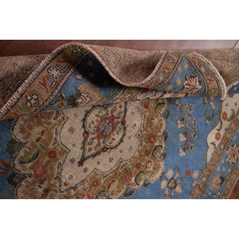Distressed Blue Tabriz Vintage Persian Area Rug Handmade Wool Carpet - 8'1" x 11'2"
