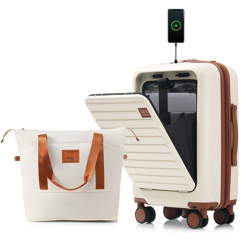 Front Opening 20-Inch Carry-On Luggage with Expandable Travel Bag Set, ABS Hard Shell Two-piece suitcase set with USB Port - Ivory