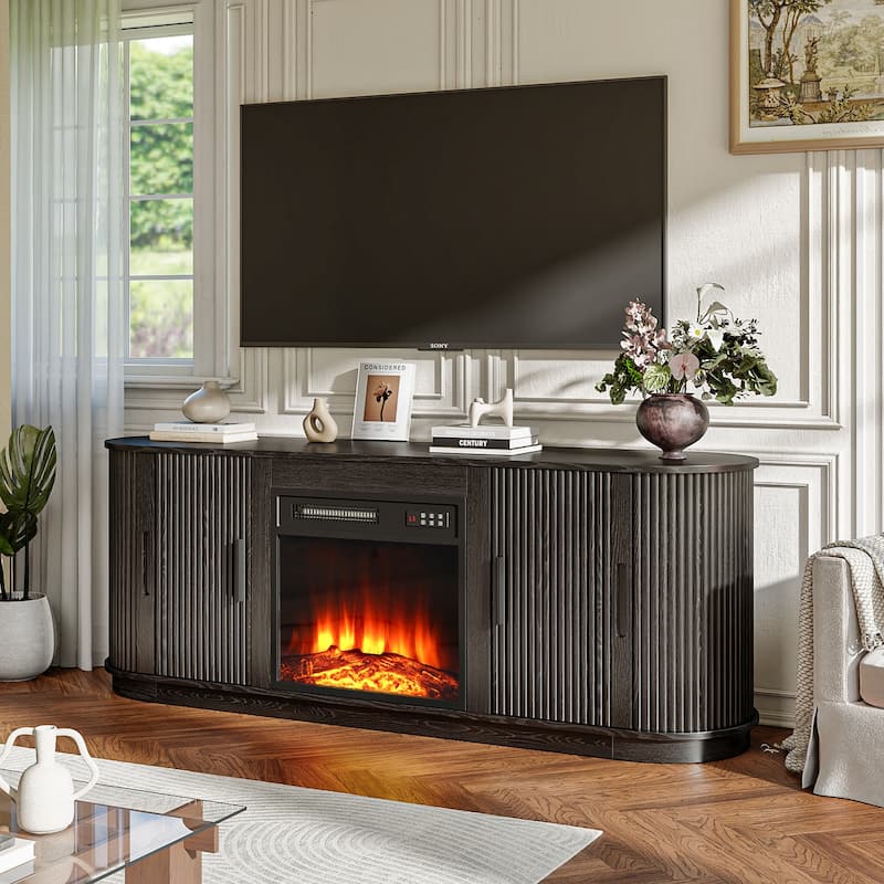BOSSIN 60"Modern Electric Fireplace TV Stand with Fluted Panels, Adjustable Shelves, 5-Level Flame Brightness for TVs up to 70" - Black
