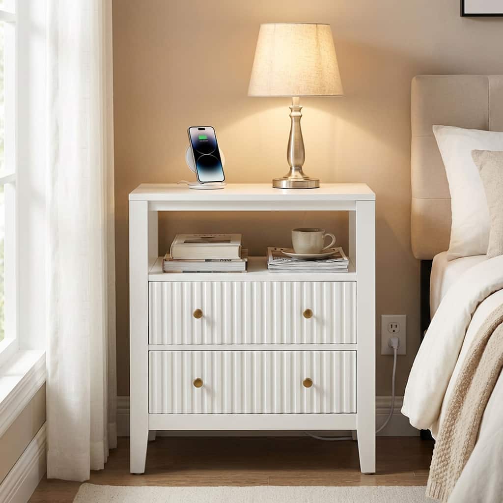 Fluted Nightstand with Charging Station