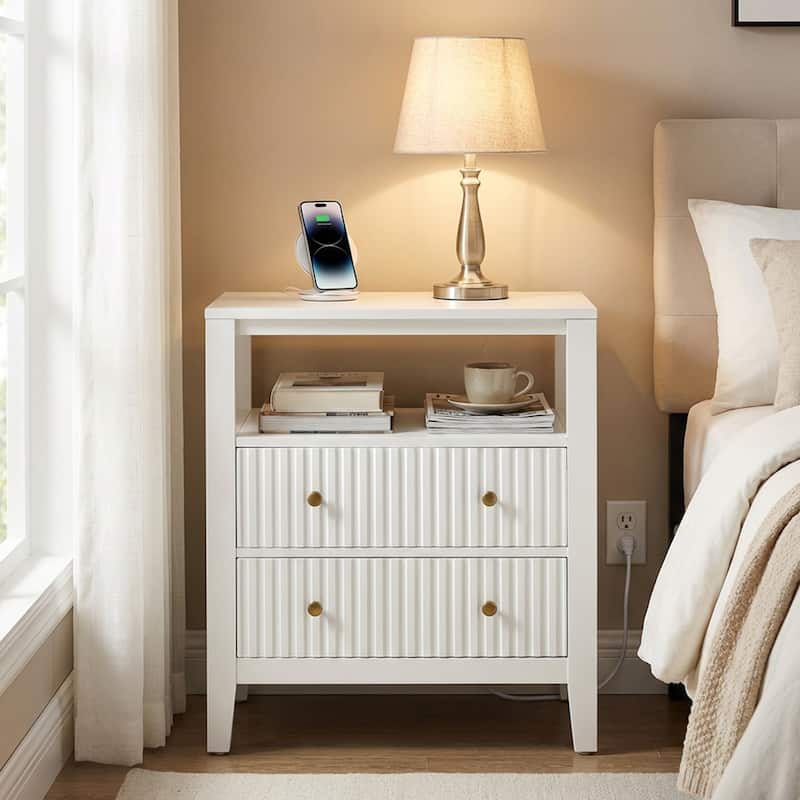 Fluted Nightstand with Charging Station - White