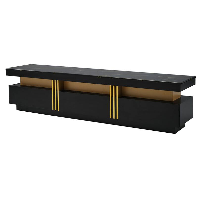 Luxury TV Stand with High Gloss Faux Marble Top for TVs Up to 78'', Rectangle Media Console with Golden Panel.