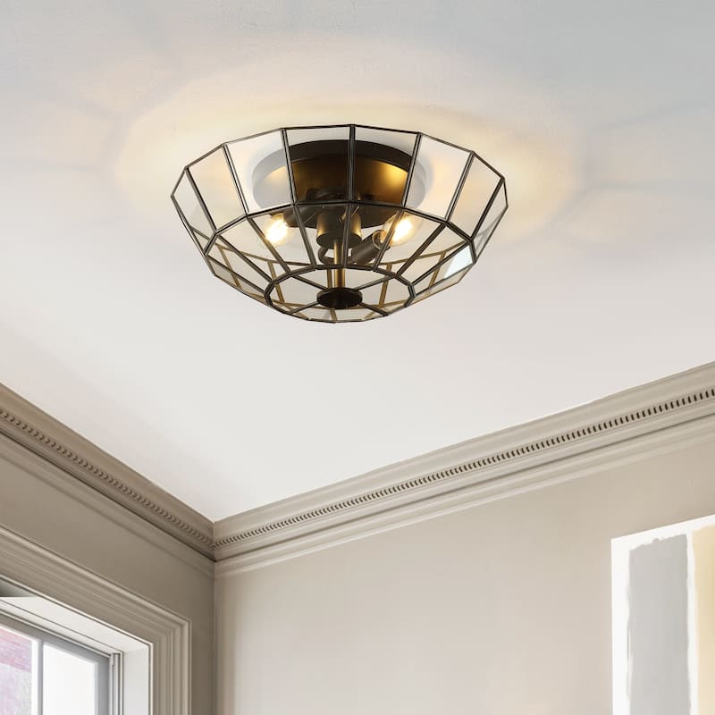 Eivissa 15.5" 2-Light Farmhouse Rustic Iron/Glass LED Semi Flush Mount, Oil Rubbed Bronze/Clear by JONATHAN Y