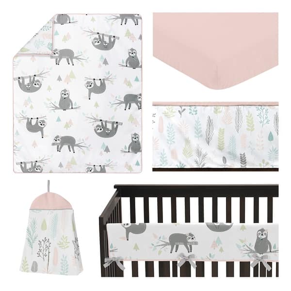 Pink Jungle Sloth Leaf Collection Girl 5 Pc Nursery Crib Bedding Set Blush Turquoise Grey Green Tropical Botanical Rainforest Overstock 31290407