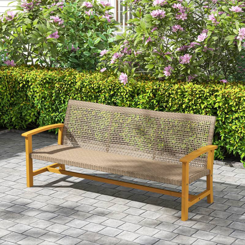 3-Seat Wicker Outdoor Sofa with Steel Frame for Patio - 70.9" L x 27.6" W x 31.1" H - Teak