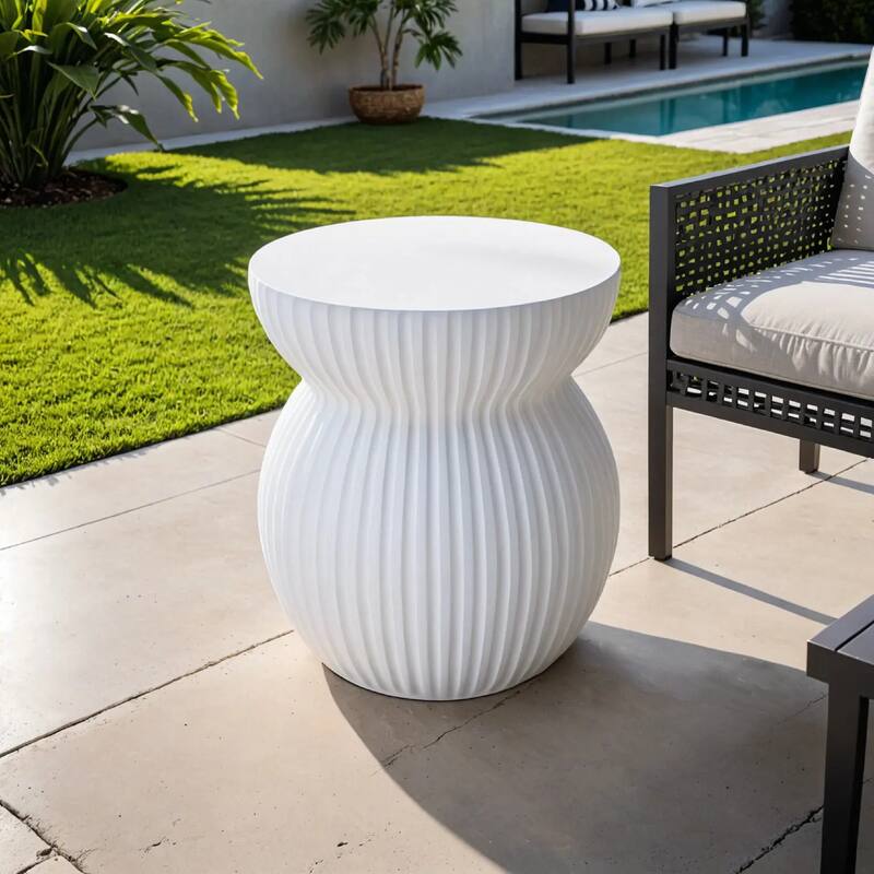 Mander Fiberstone Side Table - Ribbed Hourglass End Accent Table for Indoor or Outdoor Use