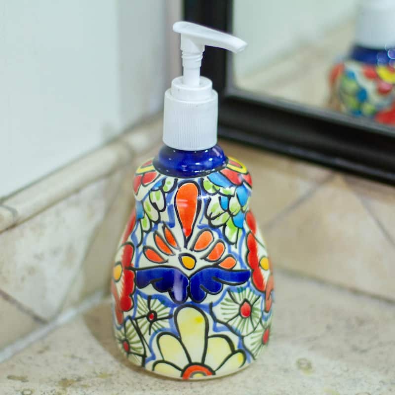 Novica Handmade Talavera Flowers Ceramic Soap Dispenser - Multi