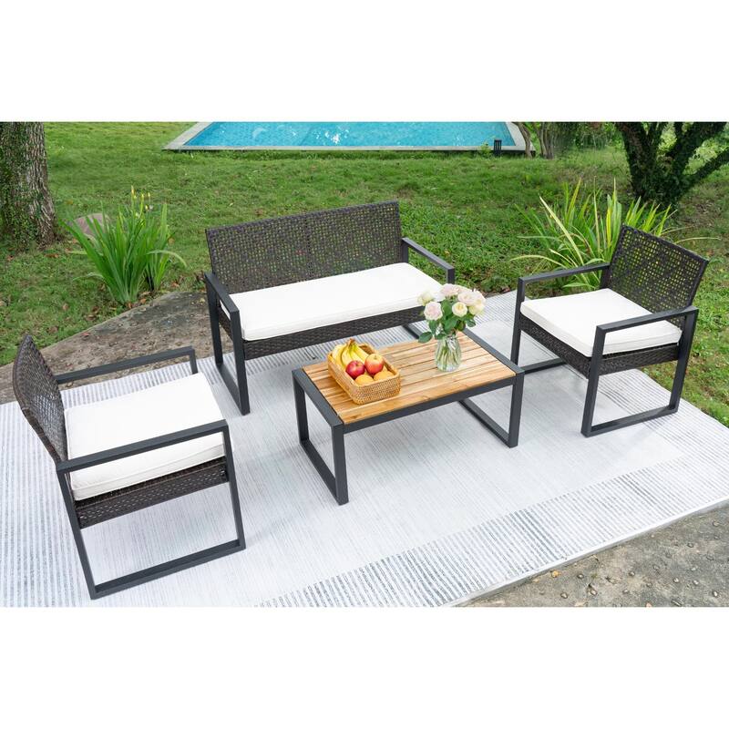 4-Piece Outdoor Patio Set with Double and Single Chairs, Acacia Wood Table, Durable PE Rattan Frame, Waterproof Cushions