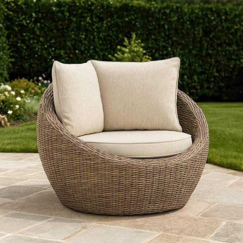 Swivel Outdoor Lounge Chair Set of 2, Beige Wicker, Nuvella Cushions