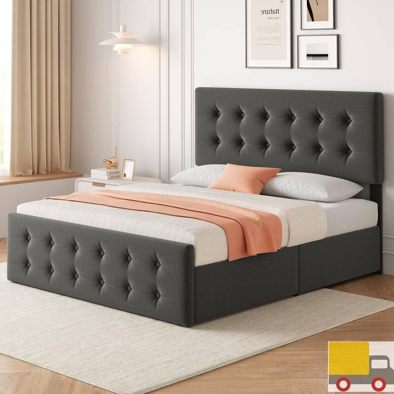 Upholstered Bed with 4 Drawers and Adjustable Button-Tufted Linen Headboard