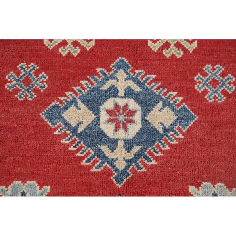 Red Geometric Kazak Oriental Accent Rug Hand-Knotted Wool Carpet - 3'11" x 6'3"