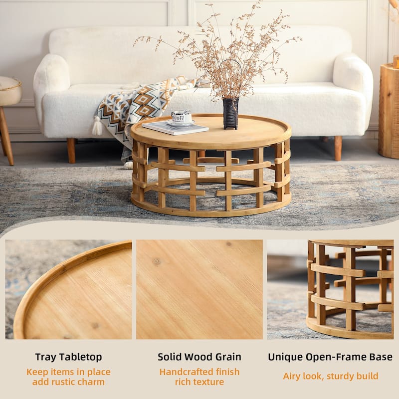 Boho Round Coffee Table Rustic Accent Table with Open-Frame Base, Solid Wood Farmhouse Low Profile Cocktail Table