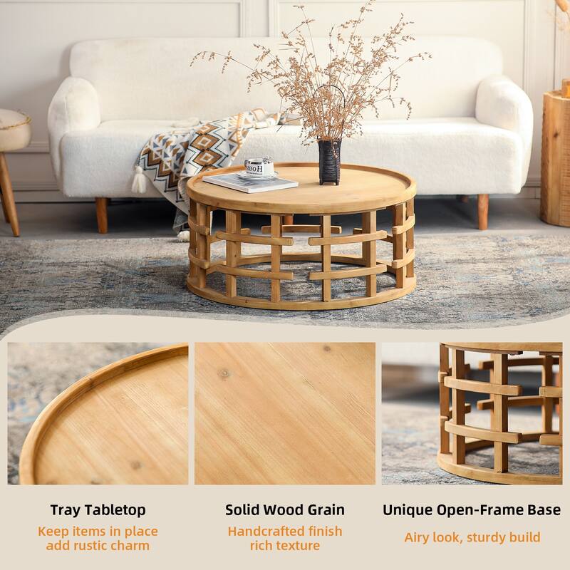 Round Coffee Table, Rustic Accent Table with Open-Frame Base, Wood Cocktail Table for Living Room