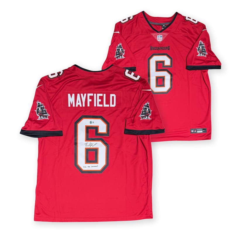 Baker Mayfield Autographed Tampa Bay Buccaneers Signed Limited Football Jersey FIRE THE CANNONS Beckett COA - 8' x 11'