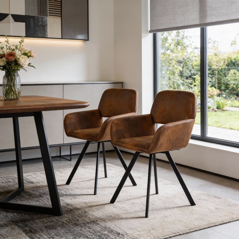 HomeRoots Set of Two Espresso and Black Faux Suede and Steel Dining Arm Chairs - 16.10 in. x 32.30 in. x 16.50 in. - Set of 2 - 16.10 in. x 32.30 in.  x 16.50 in. - Espresso